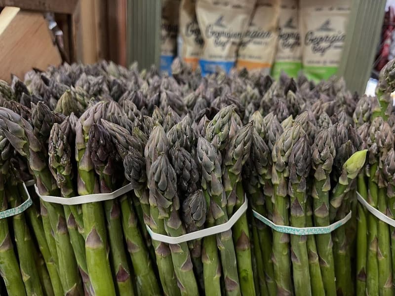 Bundles of fresh Ontario asparagus stacked upright.