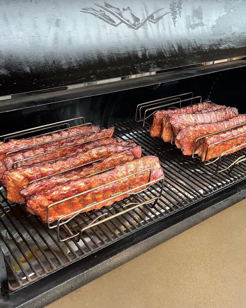 Sunday ribs on the smoker racks, lid open.